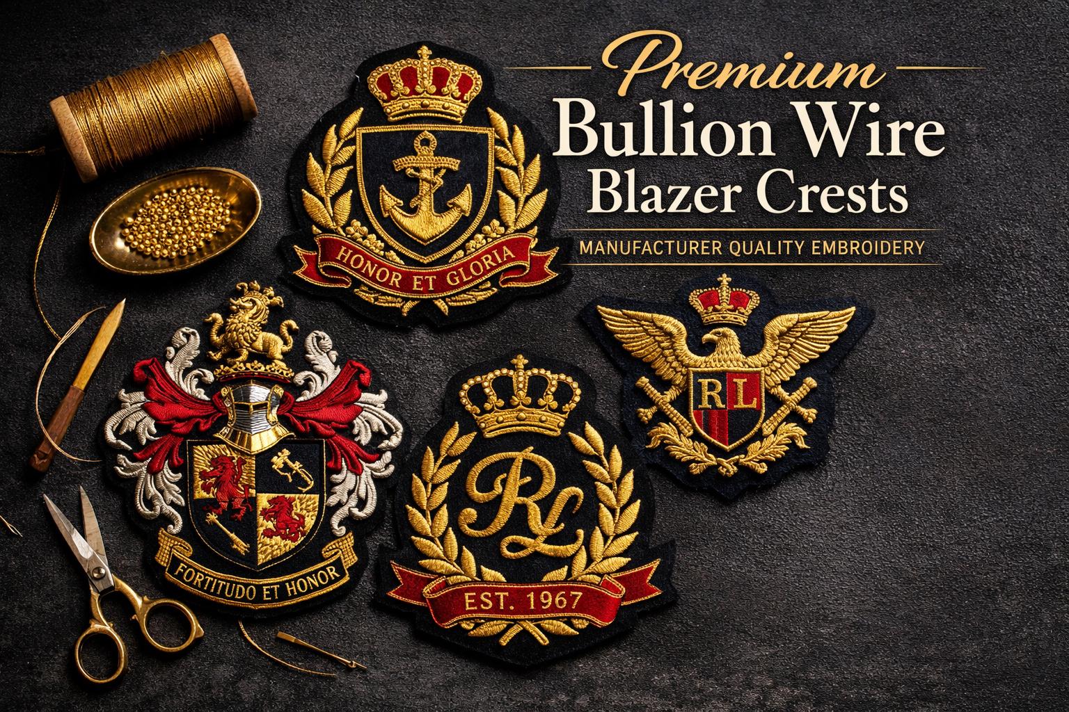 Customized Hand Embroidered Bullion Wire Blazer Crest Manufacturer Quality Crest, Coat of Arms