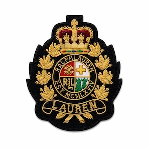 Insignia/escudo de blazer con alambre de oro bordado a mano de Lauren, para coser, tamaño de bolsillo, familia Ralph