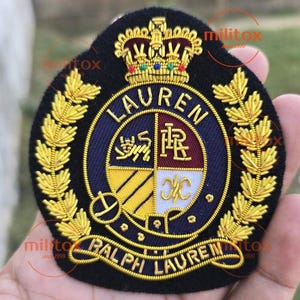 Lauren handbroderad Bullion Wire-kavajvapen/märke, sy-på, fickstorlek, Ralph Family