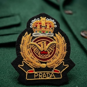 Puede incluir: Un parche bordado negro que presenta una corona dorada en la parte superior, un emblema circular central con un pájaro estilizado y una cinta en la parte inferior con el texto PRADA en hilo dorado. El diseño utiliza bordados en oro metálico, rojo y blanco.