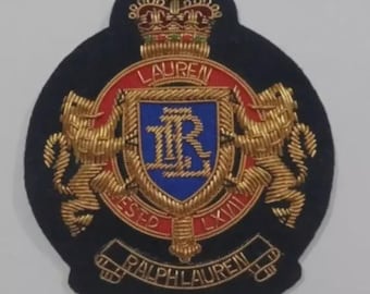 Vintage handgeborduurde badge edelmetaaldraadblazer, opnaaien, zakformaat, koninklijk embleem