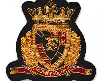 Crown Holder Vintage handgeborduurd edelmetaaldraadblazer embleem/badge, opnaaien, zakformaat