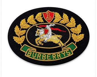 Vintage Hand-Embroidered Bullion Wire Blazer Crest, Black Background, Sew-On Badge,Burberrys
