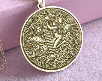 14K Gold Aquarius Zodiac Necklace , Celestial Engraved Jewelry for Aquarius Gift