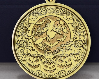 14K Gold Halloween Witch Pendant Necklace: Spooky Pumpkin Bats Jewelry