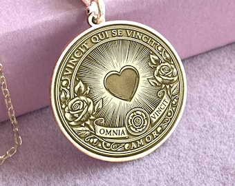 14K Gold Amor Omnia Vincit Pendant – Latin Quote Gold Necklace