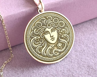 14K Gold Medusa Necklace – Greek Mythology Pendant, Gorgon Jewelry, Protective Amulet