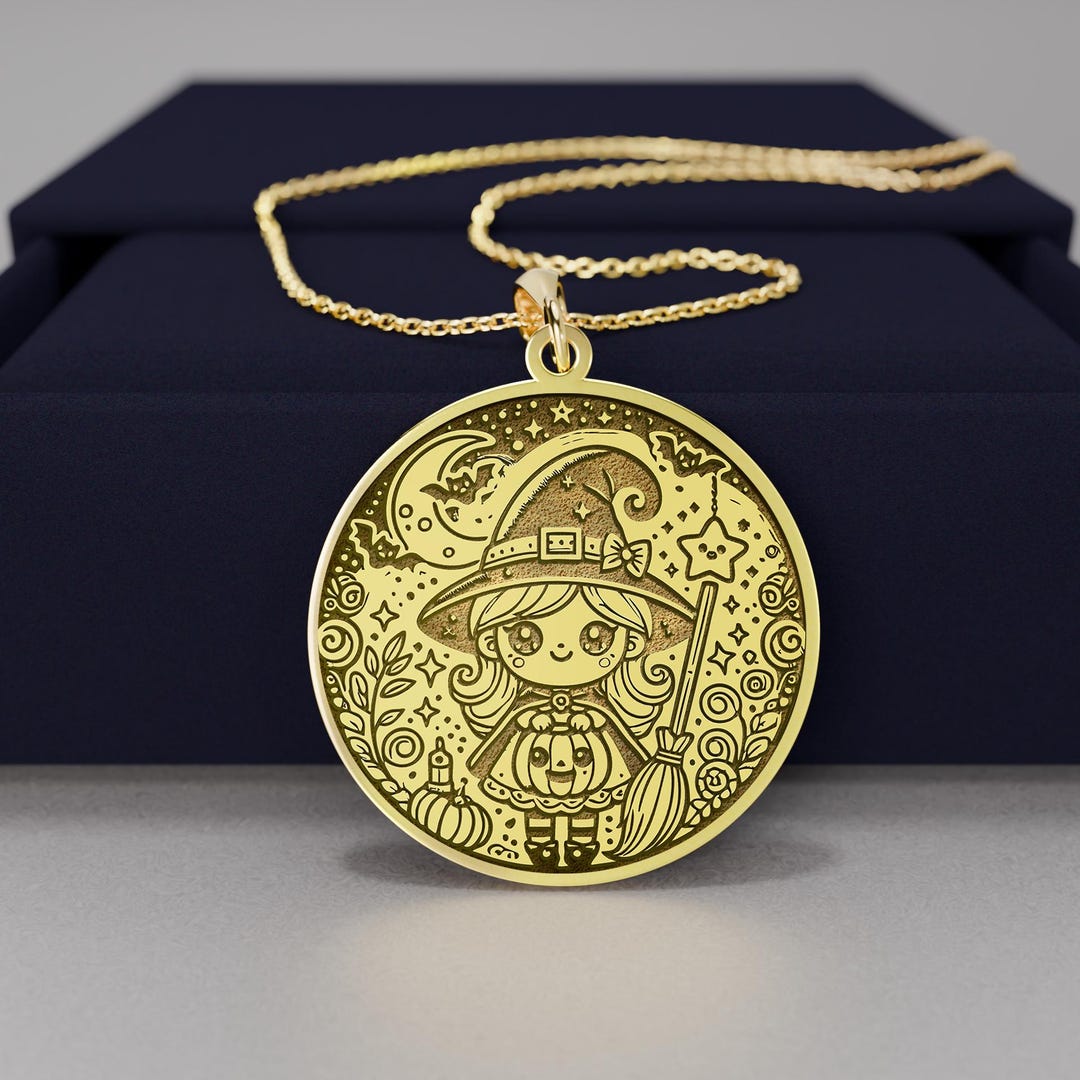 14K Gold Cute Witch Necklace – Gold Halloween Pendant, Kawaii Witch ...