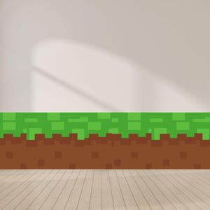 May include: A pixelated green grass and brown earth border design. The design is a repeating pattern of squares, creating a blocky, 8-bit aesthetic. The design is suitable for a video game or retro theme.
