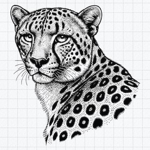 May include: A black and white ink-style illustration of a cheetah head and neck, featuring detailed fur texture, distinct dark spots, and sharp facial features. The artwork is presented on a clean white background with a subtle light gray grid pattern.