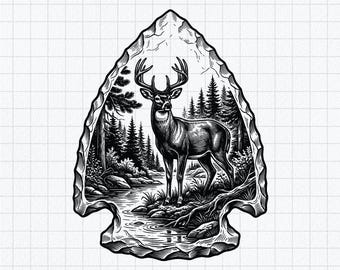 Hjortpilspets SVG PNG EPS | Bockjakt svg | Hjortskogsscen klippfil Cricut silhuett | Jägare utomhus direktnedladdning
