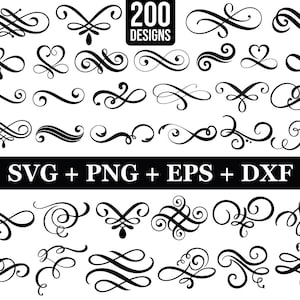 May include: Black and white vector designs in various elegant swirl and flourish styles. The image includes the text "200 Designs" and file type options: SVG, PNG, EPS, and DXF.