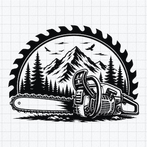 Pode incluir: Uma ilustração gráfica a preto e branco com uma motosserra em primeiro plano. Atrás da motosserra encontra-se uma moldura circular contendo uma cordilheira, uma densa floresta de pinheiros e dois pássaros a voar no céu.