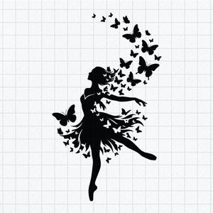 May include: A black silhouette graphic of a dancer in a dress, with numerous butterflies of varying sizes swirling around the figure and emerging from the skirt, set against a white grid background. The design features a dynamic, flowing motion.