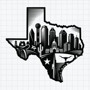 Texas SVG PNG EPS | Texas State Map svg | Dallas Skyline Longhorn Cowboy Hat Cut File Cricut Silhouette | Texas Pride Shirt Instant Download