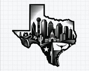 Texas SVG PNG EPS | Texas State Map svg | Dallas Skyline Longhorn Cowboy Hat Cut File Cricut Silhouette | Texas Pride Shirt Instant Download