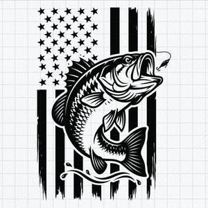 May include: A black and white graphic illustration featuring a largemouth bass fish jumping out of water, positioned in front of a stylized American flag with stars and vertical stripes. The fish has an open mouth with a fishing lure attached.