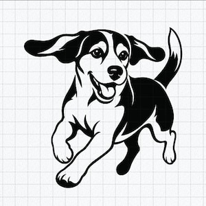 Pode incluir: Uma ilustração gráfica a preto e branco de um cão beagle numa pose de corrida com as orelhas a abanar e a boca aberta. O design apresenta linhas arrojadas e nítidas e um elevado contraste, sobre um fundo com um padrão de grelha branca.