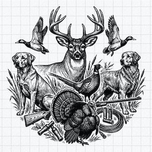 May include: A black and white graphic illustration featuring a central deer head, two dogs, a turkey, a pheasant, and two flying ducks. The composition includes a shotgun, shotgun shells, and a coiled rope, all arranged in a circular design.