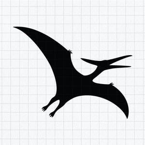May include: A solid black silhouette of a pterodactyl in flight, depicted with its wings spread wide, a long neck, and a pointed beak. The creature is shown in profile against a white background featuring a faint, thin gray grid pattern.