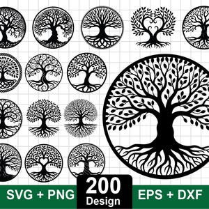 Op de afbeelding: Een verzameling zwarte levensboomontwerpen in cirkelvormige frames. De afbeelding bevat verschillende boomillustraties, met wortels en takken, en de tekst "SVG + PNG" en "EPS + DXF" op een groene achtergrond, en "200 Design" op een zwarte achtergrond.