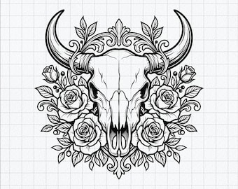 Boho Floral Bull Skull SVG, Western Roses Cut File (Digital Download)