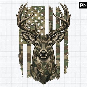 May include: A graphic illustration of a deer head with large antlers positioned over a distressed American flag pattern. The design incorporates a camouflage colour palette of olive green, brown, and tan, with white stars on the flag section and the text PNG.