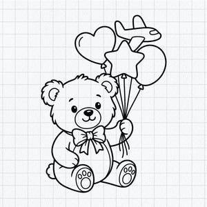 May include: A black and white line art illustration of a seated teddy bear wearing a bow tie around its neck. The bear is holding a cluster of balloons shaped like a heart, a star, a circle, and an aeroplane, all attached by thin strings.