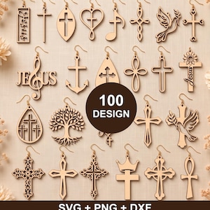 Può includere: Una collezione di design di orecchini in legno marrone chiaro con varie forme, tra cui croci, cuori, note musicali, ancore, alberi, colombe e corone. Il testo 100 DESIGN e SVG + PNG + DXF è visibile nell'immagine.