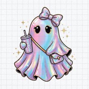 May include: A holographic ghost illustration featuring a pastel iridescent finish, wearing a large bow on its head. The ghost holds a patterned tumbler with a straw and carries a crossbody bag, surrounded by small gold star accents on a grid background.