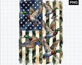 Duck Hunting PNG American Flag | Mallard Duck Sublimation Design | Camo USA Flag Hunting Shirt PNG Instant Download