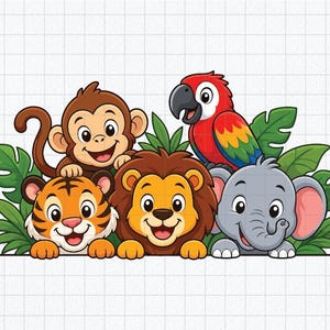 Safaridjur SVG PNG EPS | Söta djungeldjur svg | Apa lejon tiger klippfil Cricut silhuett | Barnrumsdesign för barnrum direkt nedladdning