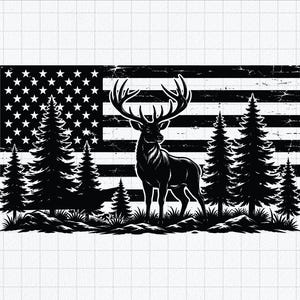 May include: A black and white graphic illustration featuring a majestic deer with large antlers standing in a forest of pine trees. The background displays a distressed American flag pattern with stars and horizontal stripes, all rendered in high contrast.