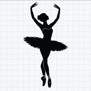 May include: A black silhouette graphic of a ballet dancer in a tutu, captured in a graceful pose with arms raised above the head and legs crossed while wearing pointe shoes. The figure is set against a white background with a faint grid pattern.