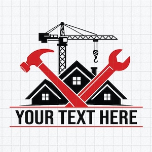 Può includere: Un logo grafico che presenta una gru da costruzione nera sopra tre sagome di case nere. Un martello rosso e una chiave inglese rossa sono incrociati davanti alle case. Il testo YOUR TEXT HERE è stampato in nero sotto la grafica.