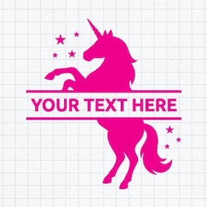 May include: A bright pink silhouette of a rearing unicorn with a horn, surrounded by small stars. A horizontal rectangular frame cuts through the centre of the unicorn, containing the capitalised text YOUR TEXT HERE in a bold sans-serif font.