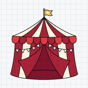 May include: A circus tent illustration featuring vertical red and cream stripes, a scalloped red valance, and a string of white triangular bunting. The top of the tent is adorned with a small yellow flag displaying a white star on a grid background.