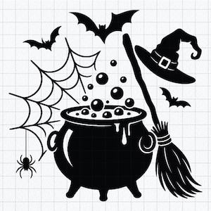 May include: A black graphic illustration featuring a cauldron with bubbling liquid, a witch hat, a broomstick, a spider web with a hanging spider, and three flying bats. The design is presented on a white background with a light grid pattern.