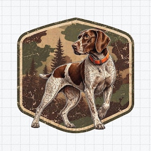 Jagdhund PNG, Deutsch Kurzhaar Patch, Camo Jägerhund Sublimation, Vogel Hund DTF Druck, Jagdgeschenk Design, Camo Dog Patch PNG
