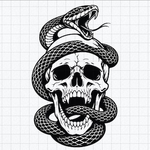 May include: A black and white graphic illustration featuring a detailed human skull with an open jaw, tightly coiled by a large, aggressive snake with its mouth wide open, fangs exposed, and a forked tongue extended, set against a grid background.