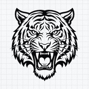 Könnte beinhalten: Eine schwarz-weiße grafische Illustration eines Tigerkopfes in Frontalansicht. Der Tiger hat ein geöffnetes Maul mit sichtbaren Zähnen, markante Gesichtszüge und detaillierte Fellzeichnungen. Das Design liegt auf einem hellen Rasterhintergrund.