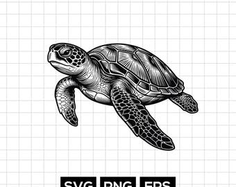 May include: A black and white graphic illustration of a sea turtle with detailed shell patterns and textured skin. Below the turtle, the text SVG PNG EPS is displayed in three separate black rectangular boxes on a grid background.