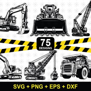 Peut inclure: Illustrations en noir et blanc de véhicules de chantier, dont une excavatrice, un bulldozer, une grue et un tombereau. L'image comprend le texte "75 DESIGNS" et "SVG + PNG + EPS + DXF" sur fond blanc avec des rayures de danger jaunes et noires.