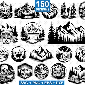 May include: A collection of 150 black and white camping and outdoor-themed designs. The designs include illustrations of mountains, trees, campers, and other outdoor elements. The designs are available in SVG, PNG, EPS, and DXF formats.
