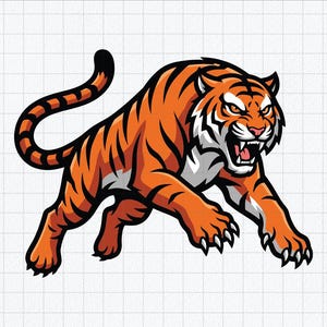 Puede incluir: Una ilustración gráfica de un tigre gruñendo en posición de salto. El tigre presenta un pelaje naranja vibrante con rayas negras marcadas, detalles blancos en la cara y el vientre, y garras afiladas extendidas sobre un fondo de cuadrícula.