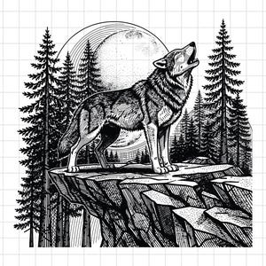 May include: A black and white line art illustration featuring a wolf howling at a large full moon. The wolf stands on a rocky cliff edge surrounded by tall pine trees. The detailed drawing uses cross-hatching and stippling techniques.
