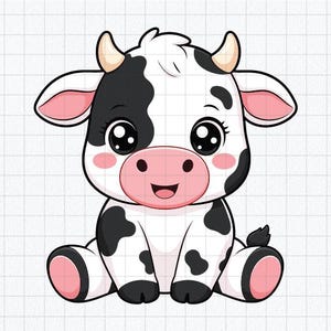 Op de afbeelding: Een cartoonillustratie van een zittend kalfje met zwarte en witte vlekken, grote donkere ogen, een roze snuit en kleine hoorntjes. Het figuurtje heeft roze binnenoren en roze voetzooltjes, afgebeeld tegen een lichte achtergrond met een raster.