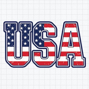 Könnte beinhalten: Die Buchstaben USA in einer fetten Blockschrift mit einem abgenutzten amerikanischen Flaggenmuster. Das Design zeigt ein dunkelblaues Feld mit weißen Sternen auf der linken Seite des U und S, das in horizontale rote und weiße Streifen übergeht.