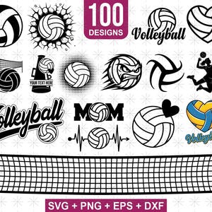 May include: A collection of 100 volleyball-themed designs in black and white. Includes volleyballs, nets, text, and a volleyball player silhouette. Formats include SVG, PNG, EPS, and DXF.