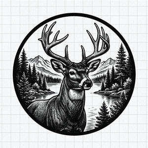 Peut inclure: Une illustration graphique circulaire en noir et blanc représentant un cerf détaillé avec de grands bois au premier plan. L'arrière-plan montre un paysage serein avec un lac calme, des pins denses et des sommets montagneux lointains.